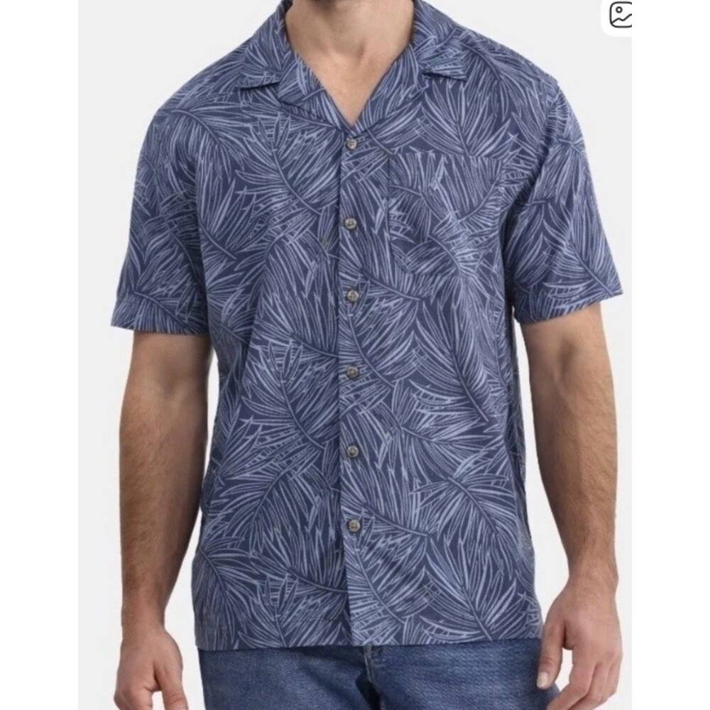 George Men’s Blue Palm Leaf Print Short Sleeve Button Down Camp Shirt XL NWT